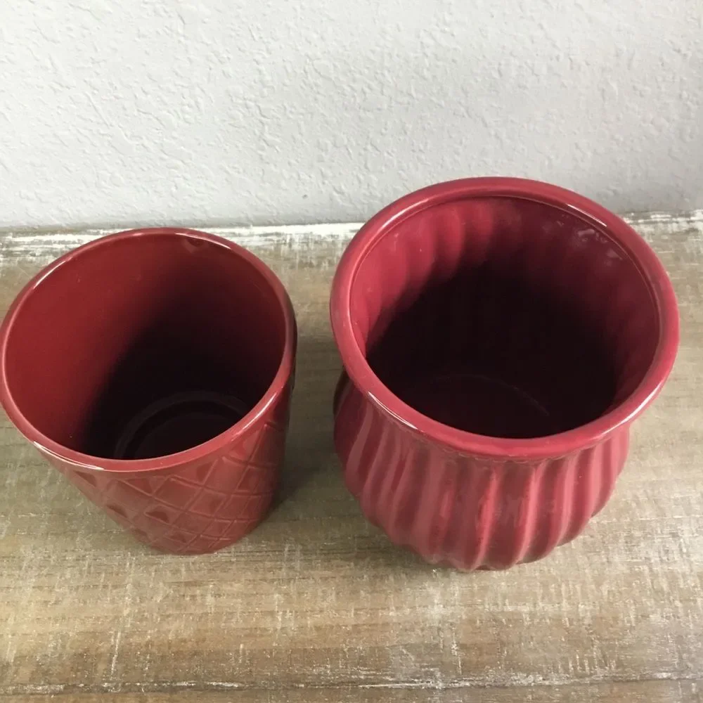Planter bundle - two dark red planters one hobnail other geometric diamond pot